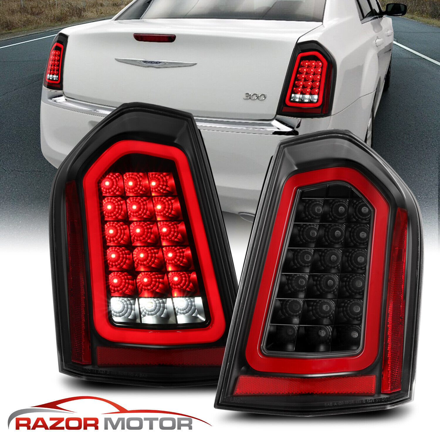 For 2011-2014 Chrysler 300 Black Full LED Taillights with LED Reverse / Signal