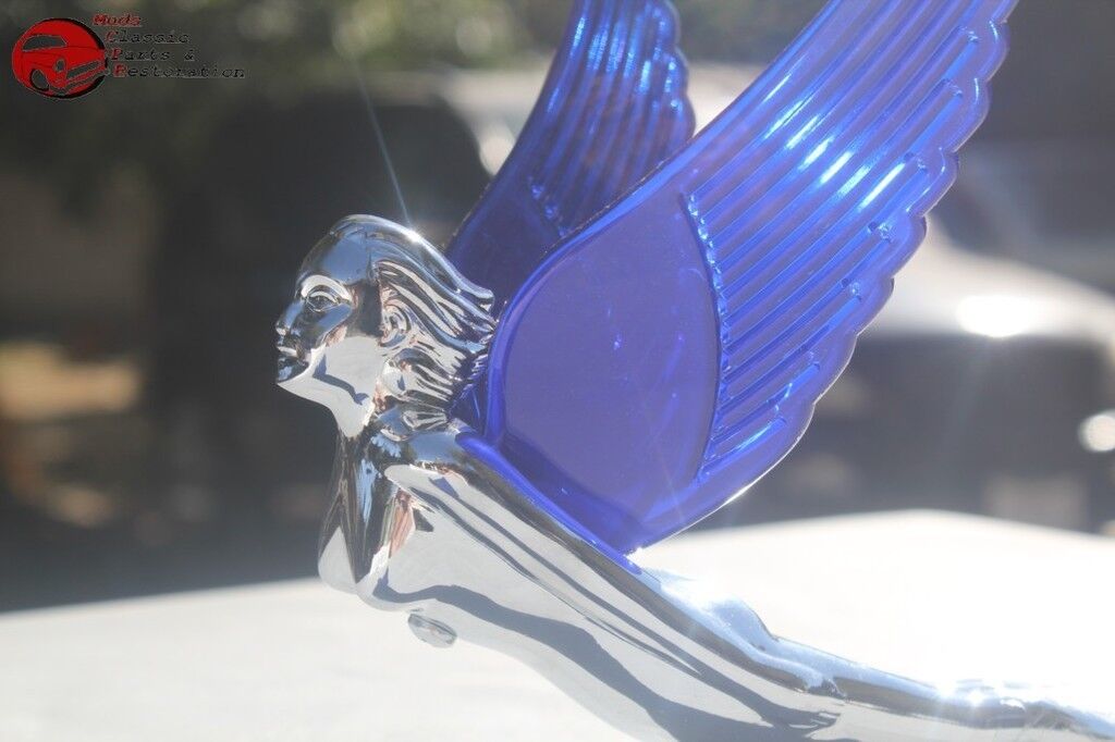 Blue Art Deco Flying Wing Godess Lighted Custom Hood Ornament Truck Hot Rat Rod