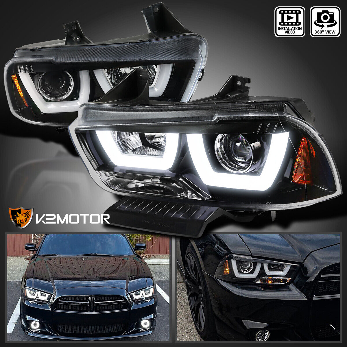 Jet Black Fits 2011-2014 Dodge Charger Dual LED Tube Projector Headlights Pair