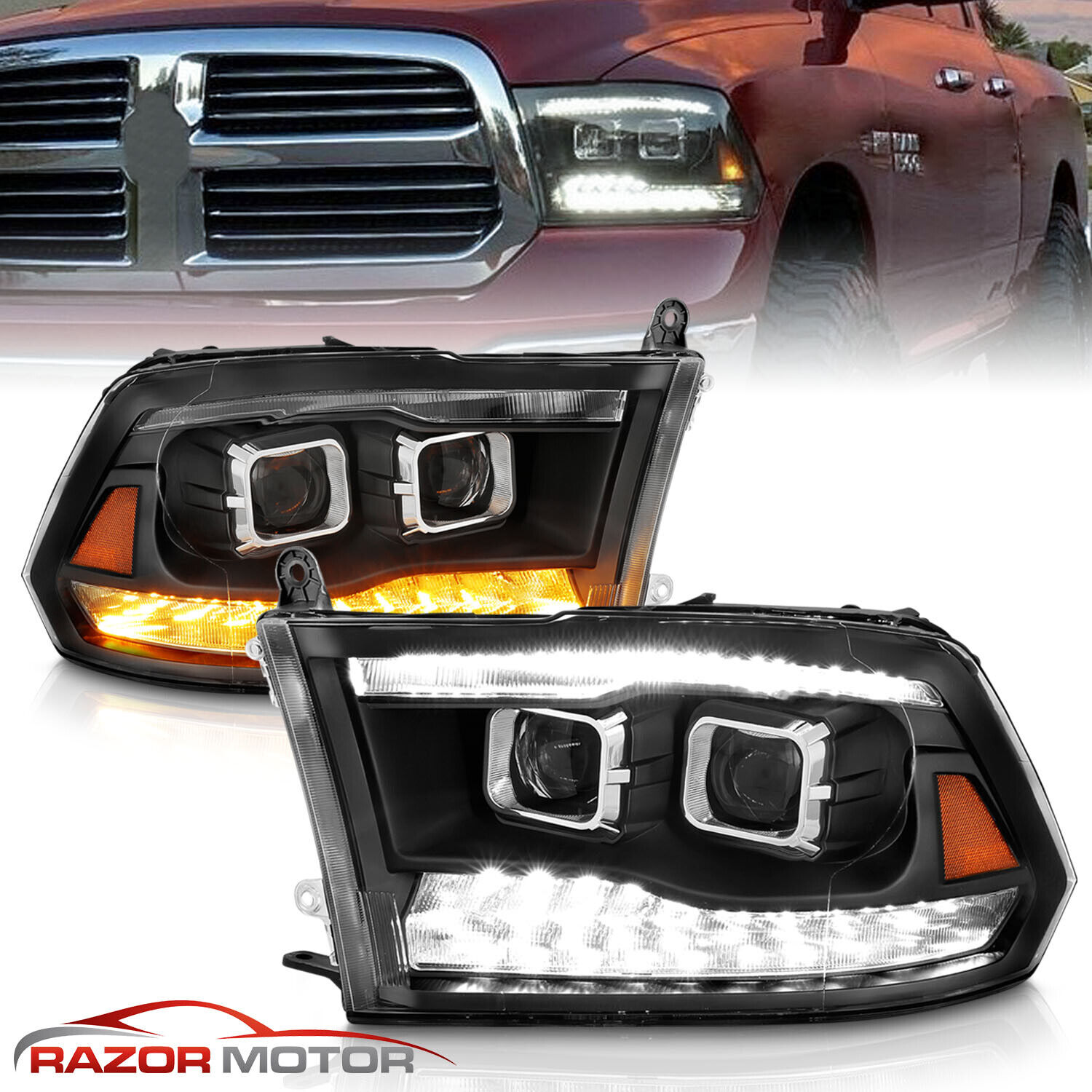 For 2009-2023 Dodge Ram 1500 2500 3500 Black LED Bar Dual Projector Headlights