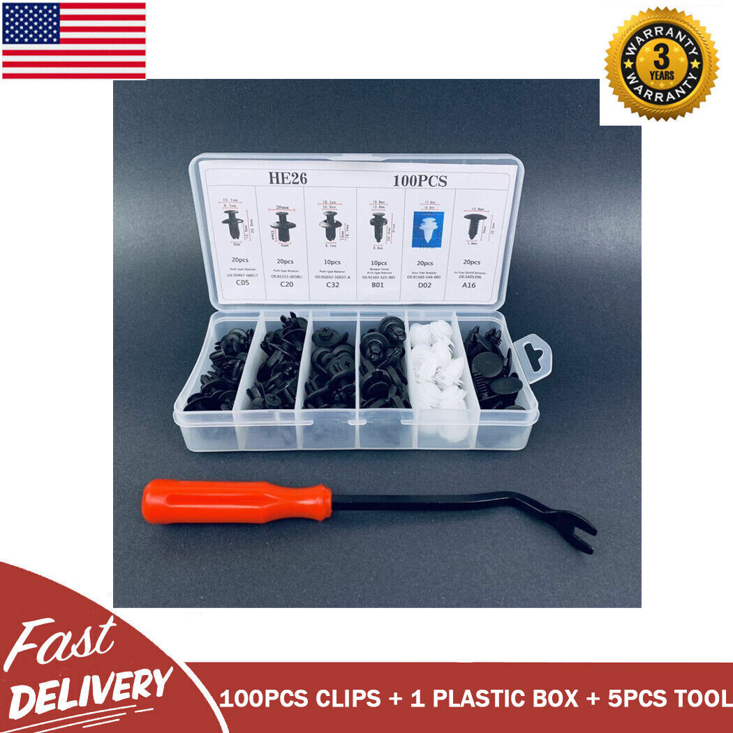 100 PCS Box Set Bumper Fender Liner Push Type Retainer Clips +Tool for Ford Cars