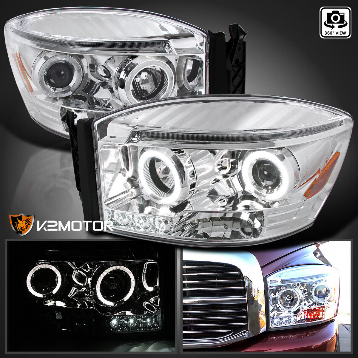 Fits 2006-2008 Dodge Ram 1500 2500 3500 LED Strip Halo Projector Headlights Pair