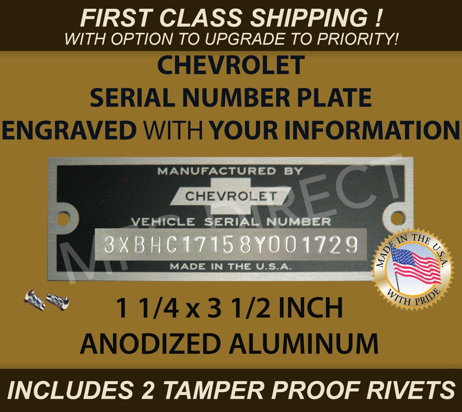 SERIAL NUMBER CHEVY CHEVROLET ID PLATE DOOR TAG DATA (CUSTOM ENGRAVED) YOUR INFO