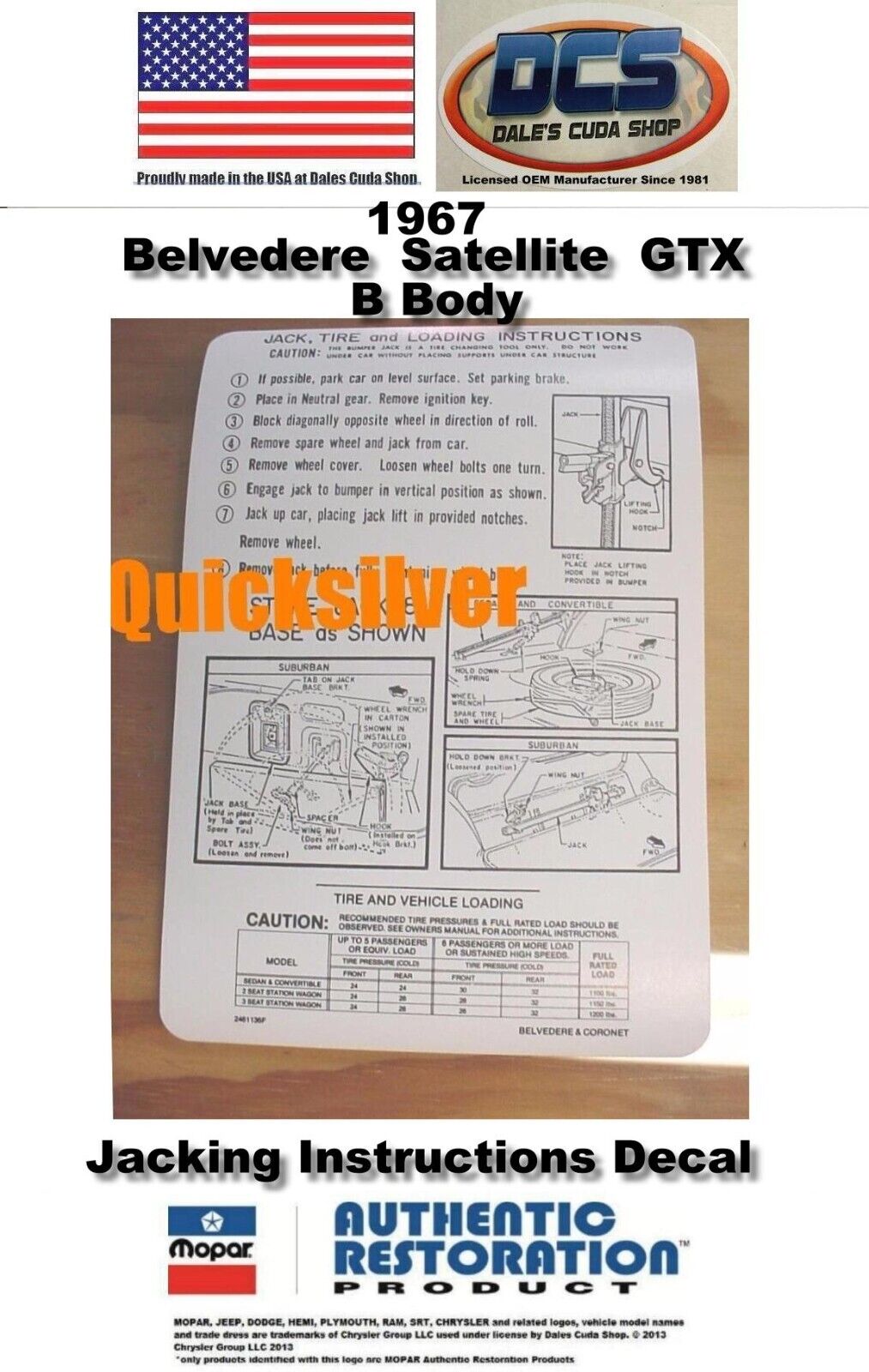 1967 Belvedere Satellite GTX Jacking Instructions 2461136F Decal MoPar NEW USA