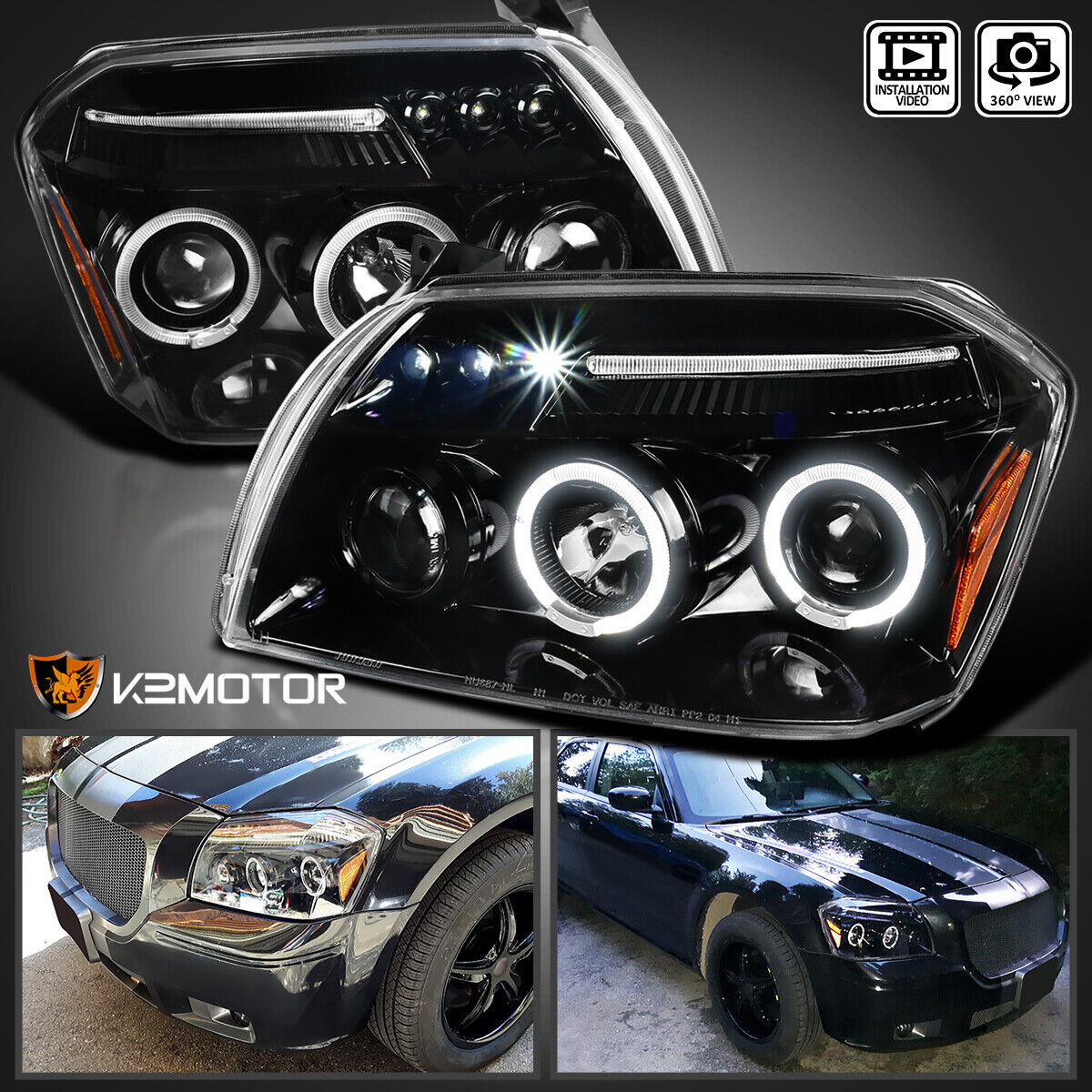 Jet Black Fits 2005-2007 Dodge Magnum LED Halo Projector Headlights Lamps L+R