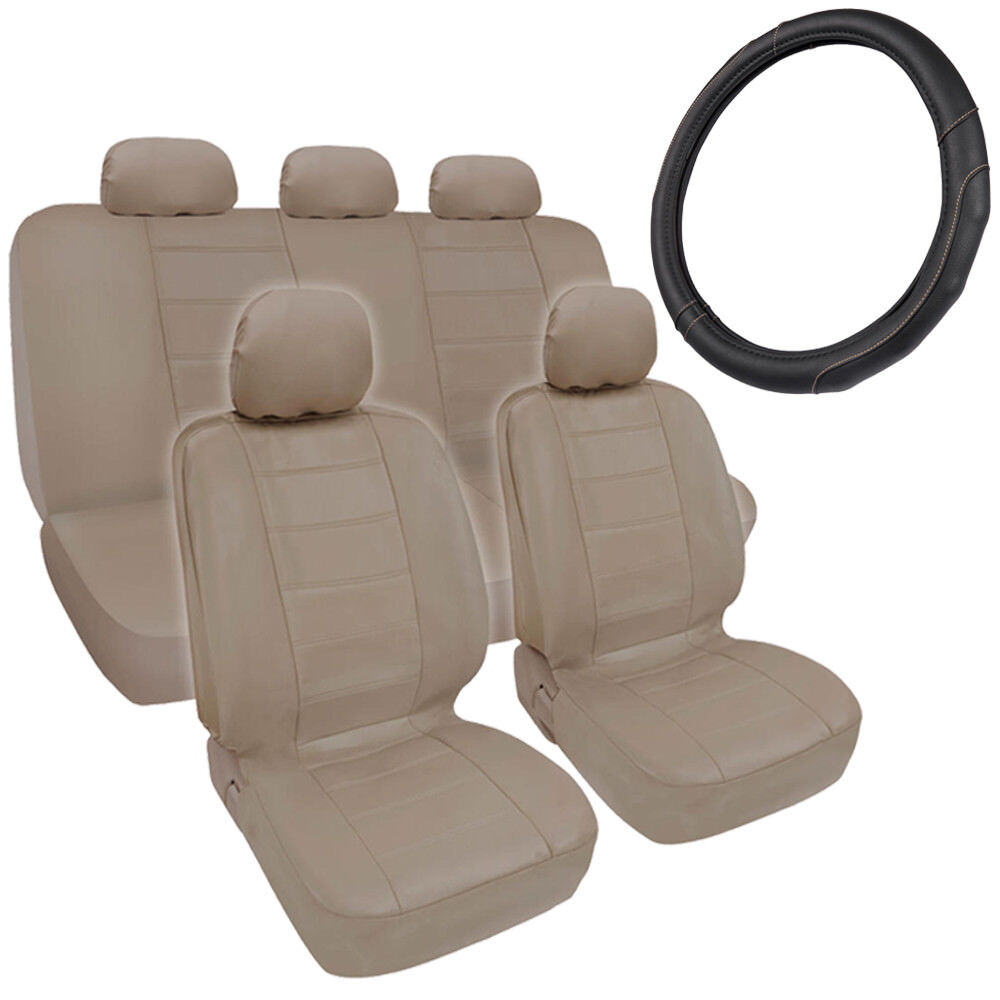 Beige Tan Synth Leather Seat Covers for Car + Stitched Grip Steering Wheel Cover