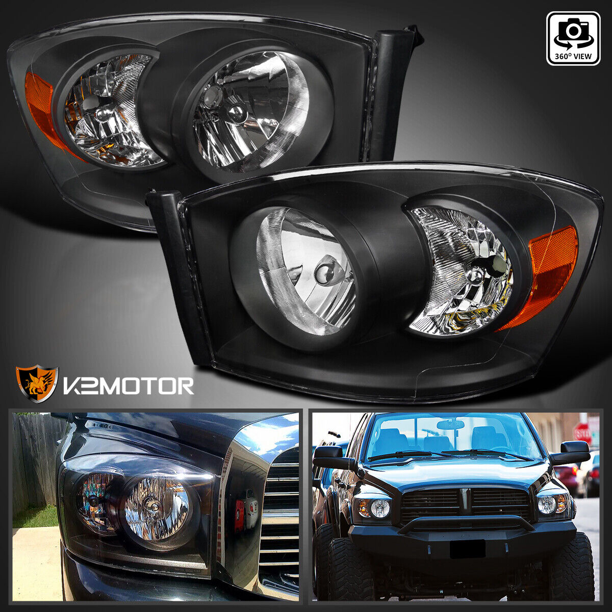 Black Headlights Fits 2006-2008 Dodge Ram 1500 2006-2009 Ram 2500 3500 Lamps