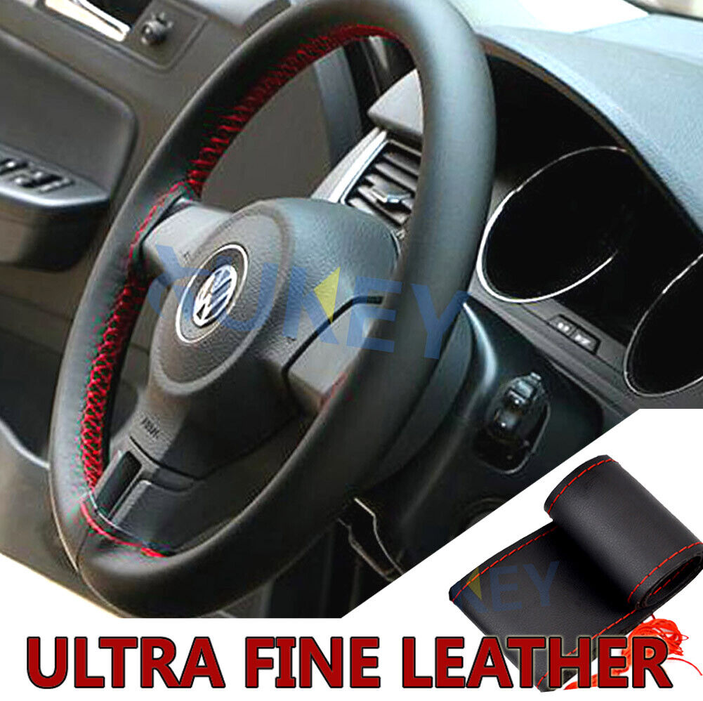 Red leather Car Trunk Steering Wheel Cover PU Universal Fits 38cm / 15 inch