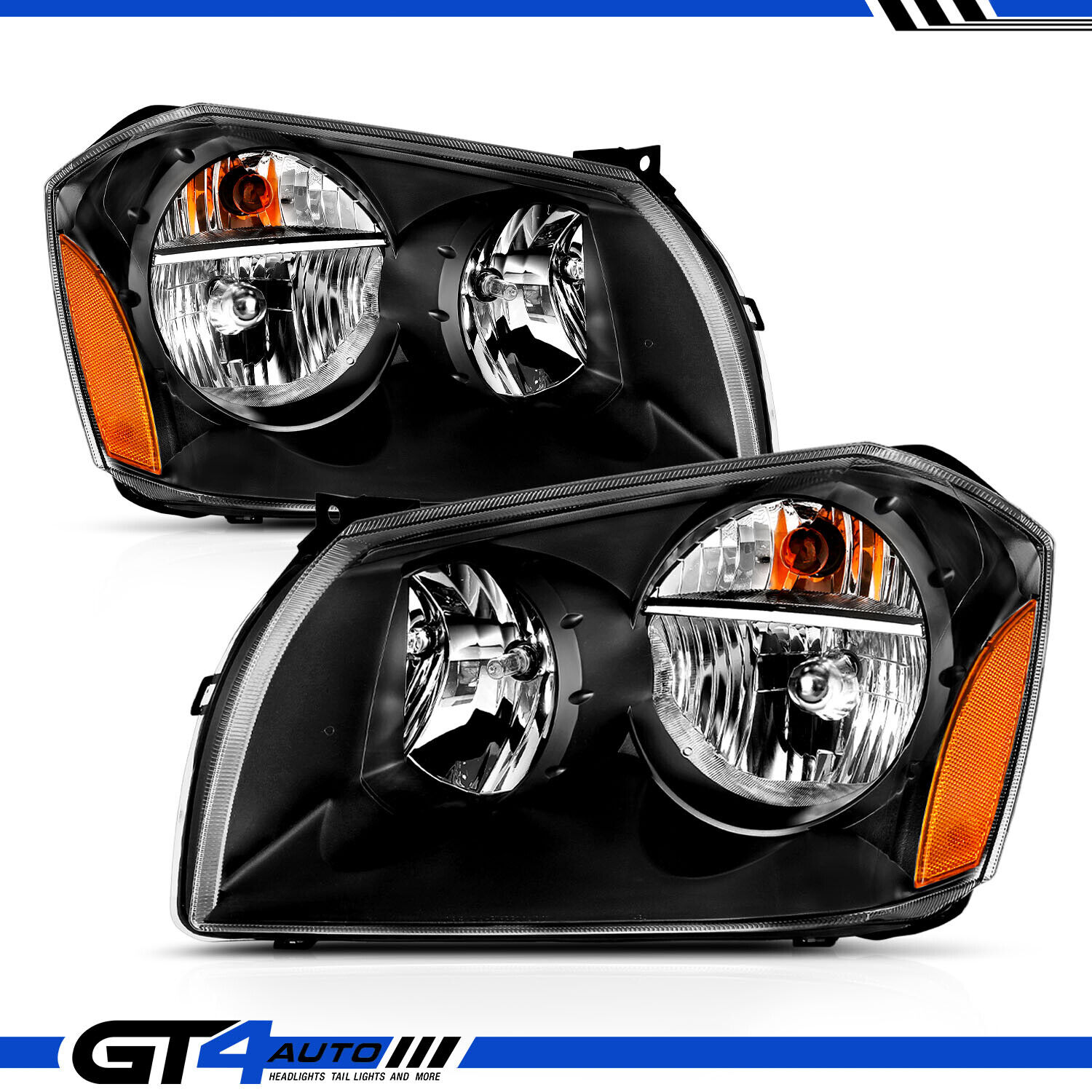 For 2005-2007 Dodge Magnum Black Replacement Headlights Driver Passenger Pair