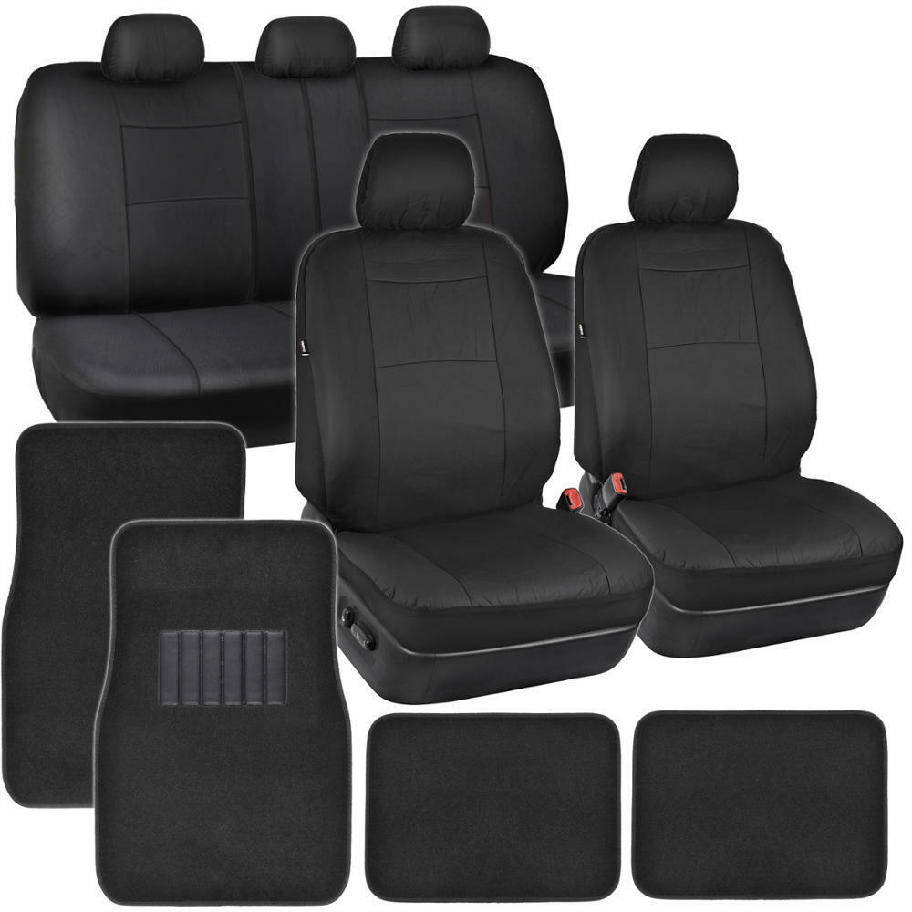 Black PU Leather Seat Covers for Car SUV Auto w/ Front & Rear Carpet Floor Mats