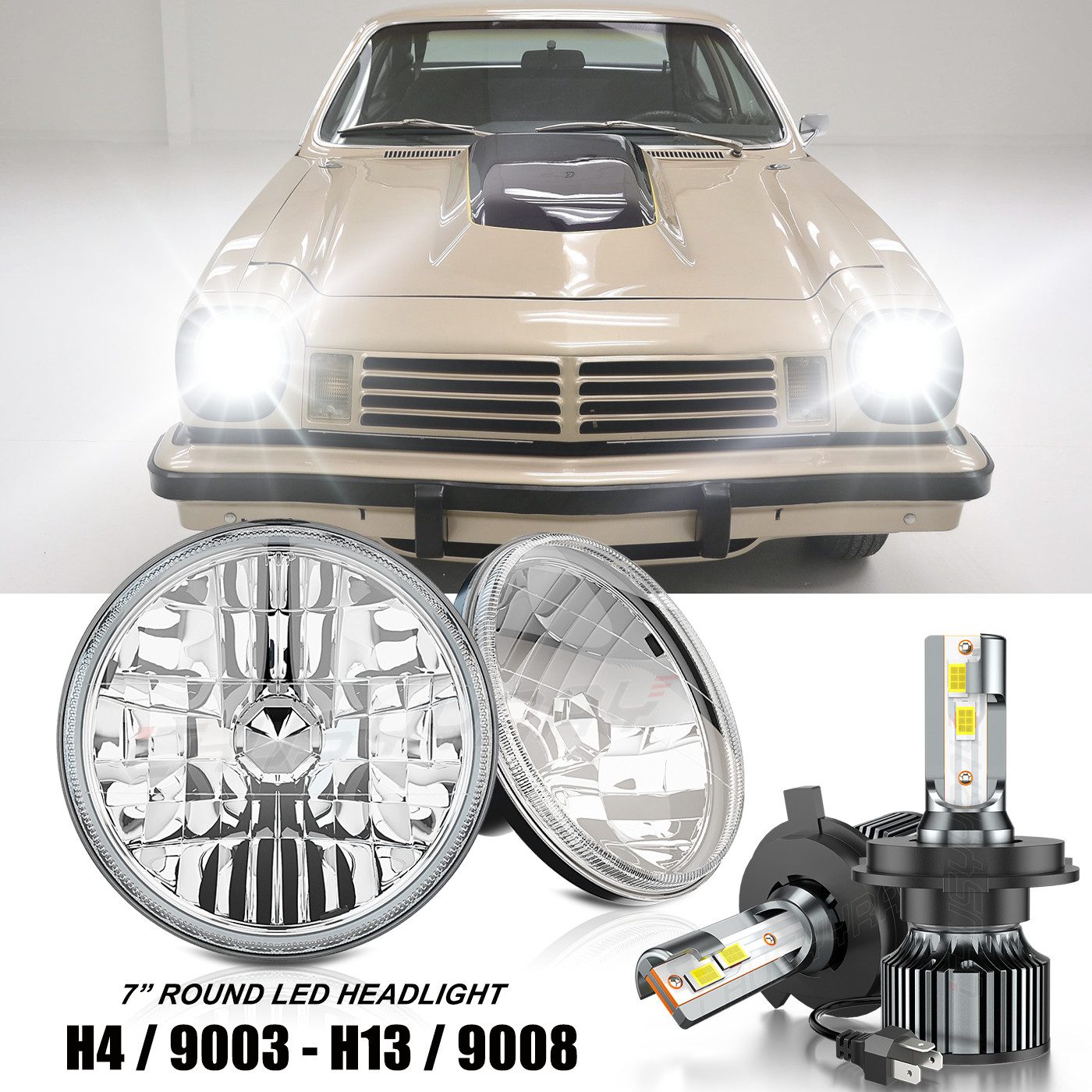 Fit Chevrolet Vega 1971 1972-1975 Pair 7 inch LED Headlights Round Hi/Lo Lamp