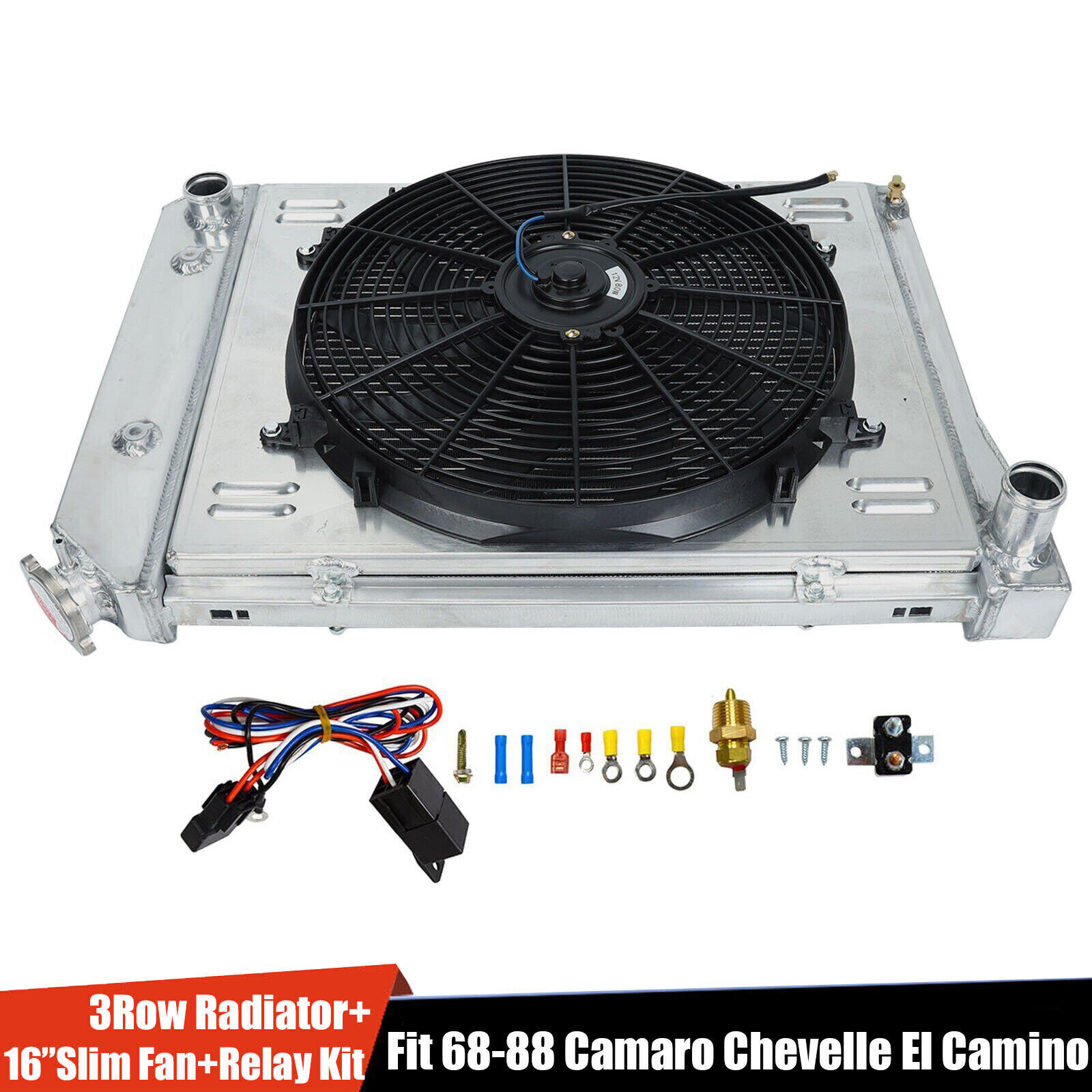 3Row Radiator+Shroud Fan+Relay For 68-74 Chevy Nova 70-81 Camaro 75-87 El Camino