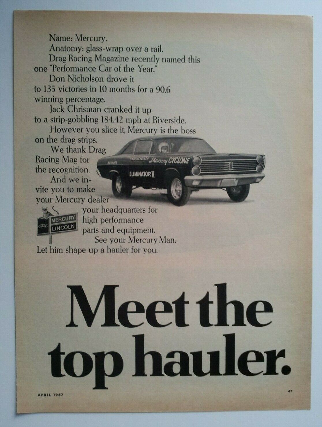 1967 Mercury Cyclone Eliminator II Drag Car Ad  - Must See  - Jack Nicholson