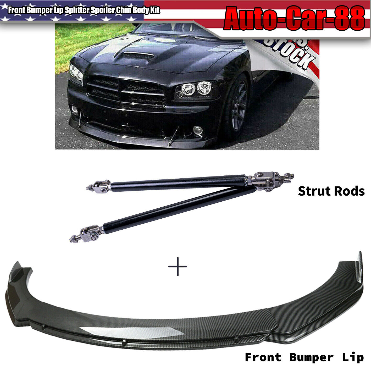 For Dodge Charger Front Bumper Lip Splitter Spoiler Carbon Fiber + Strut Rods