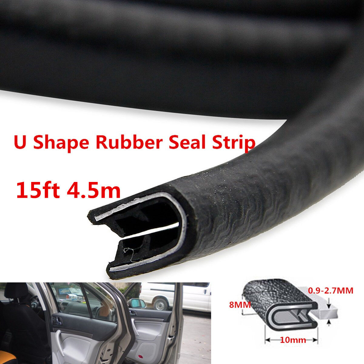 Black U-Shape Rubber Seal CarDoor Edge Strip Trim Molding Protector 4.5M/15ft