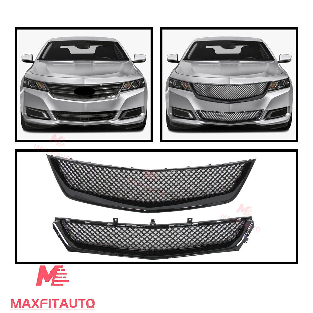 Fits Chevrolet Impala 2014-2020 Front Upper Lower Grille Mesh Gloss Black Set