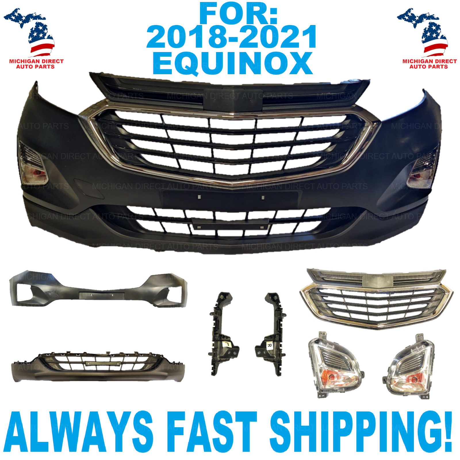 For 2018-2021 Chevrolet Chevy Equinox Front Bumper Upper Lower Grill Fog Lights