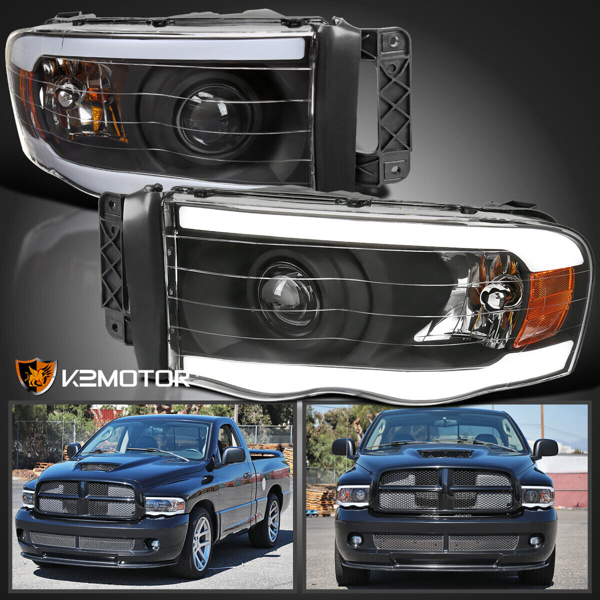 Black Fits 2002-2005 Dodge Ram 1500 2500 3500 LED Tube Projector Headlights Lamp
