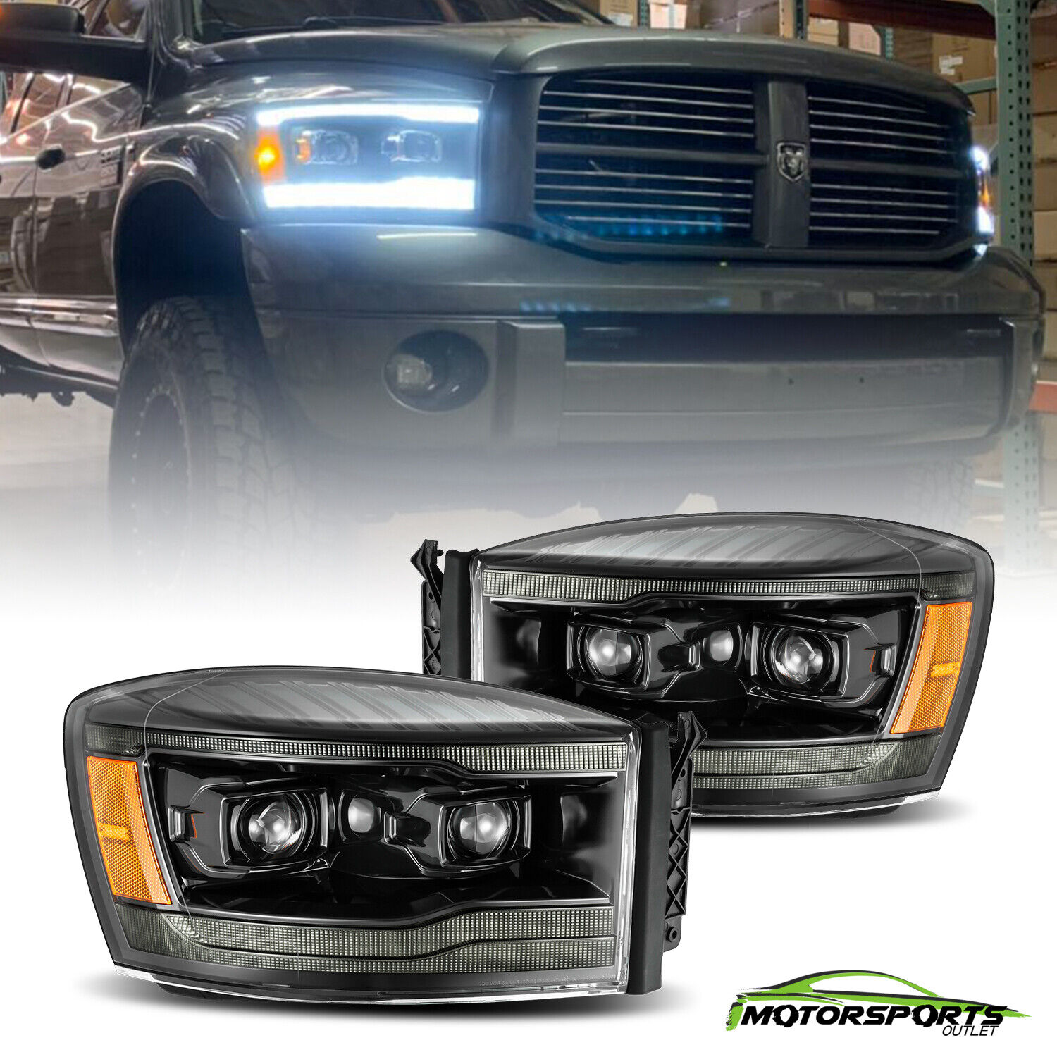 Fit 2006-2008 Dodge Ram  LED DRL/Signal Polished Black Projector Headlights Pair