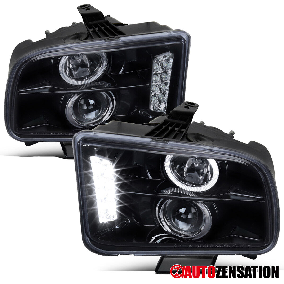 Fit 2005-2009 Ford Mustang GT LED Halo Projector Headlights Black/Smoke 05-09