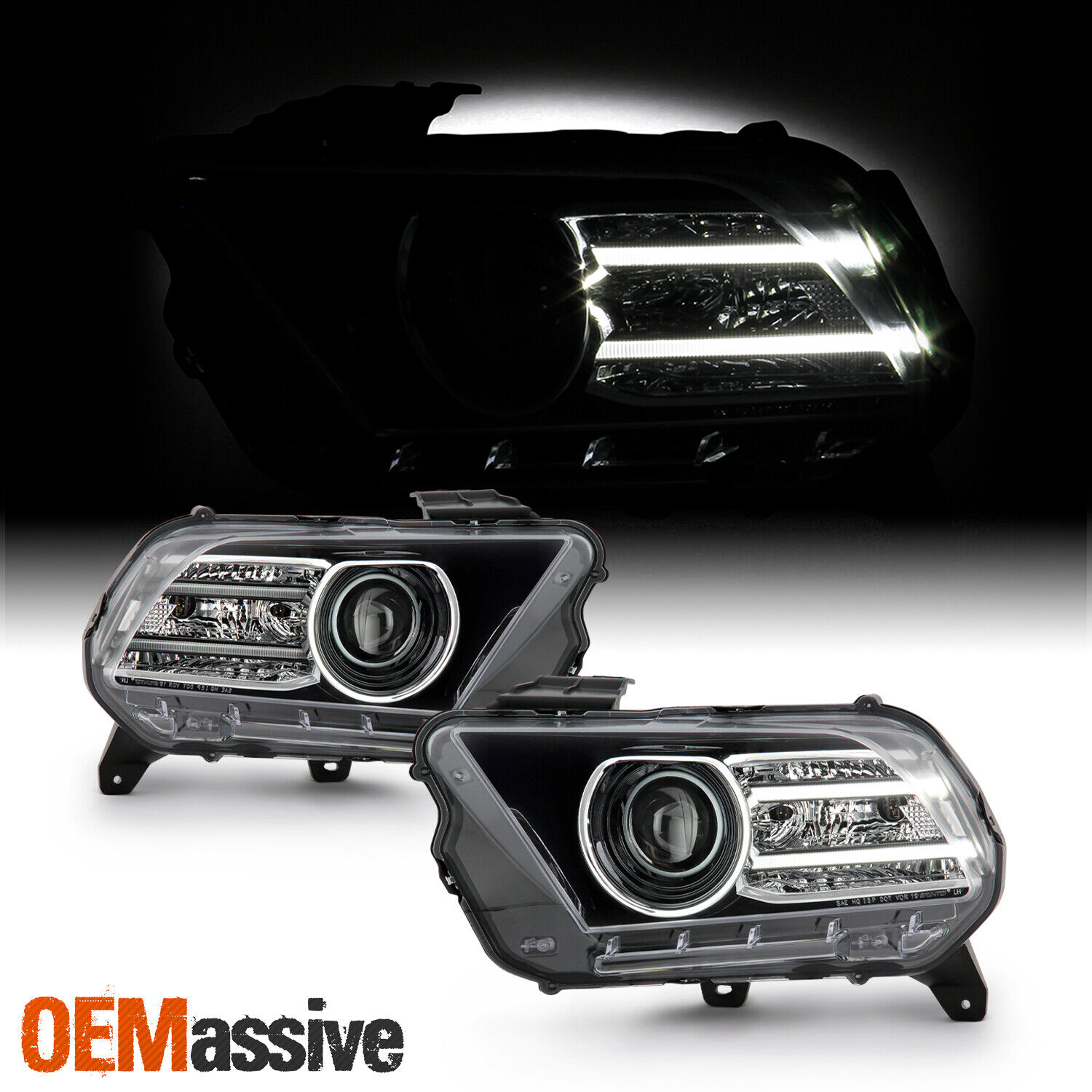 For 2010-2014 Ford Mustang Halogen Type [LED Tube] Projector Black Headlights